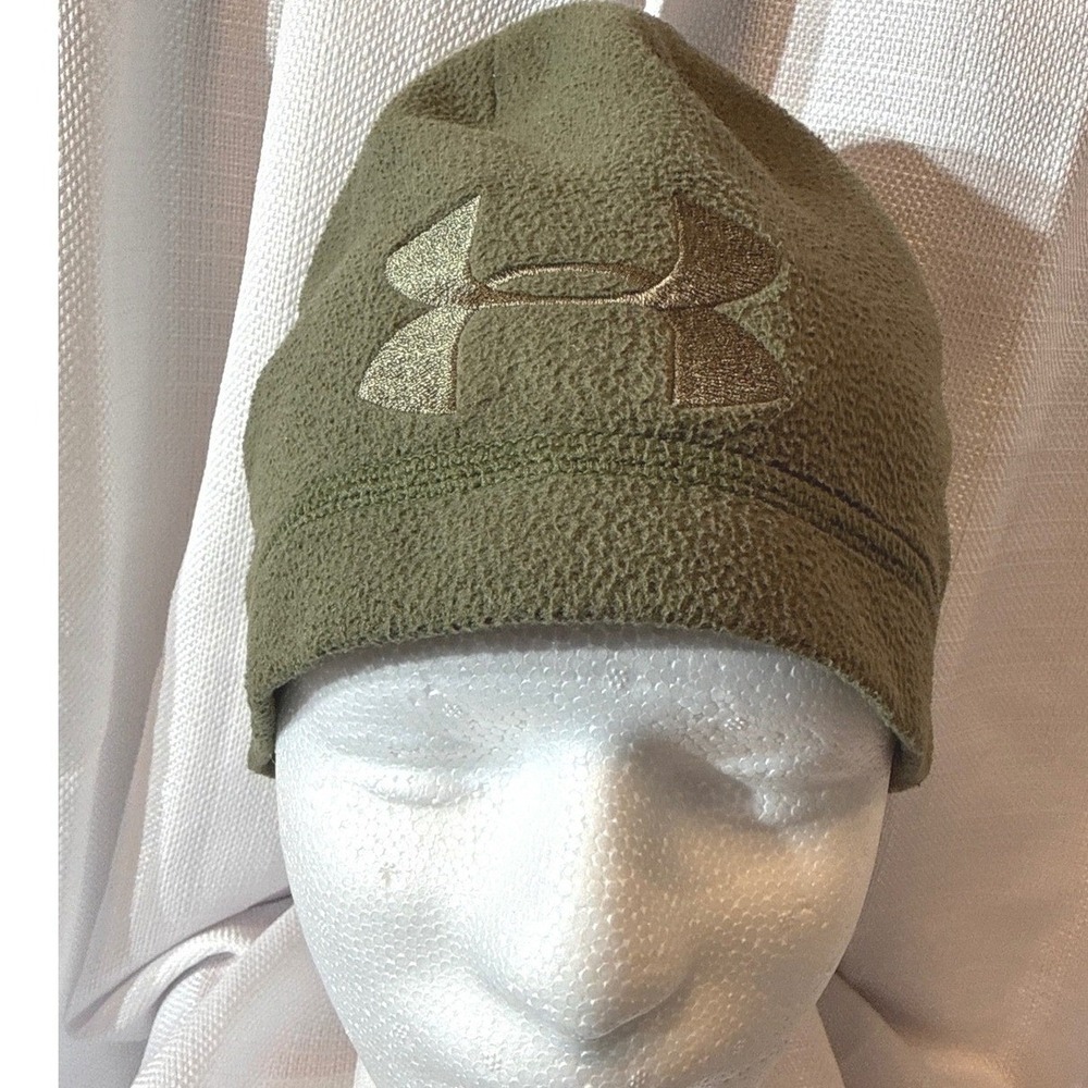 Under Armour Mens Fleece Beanie Hat Olive Green Tactical‎ ColdGear Logo RN 96510